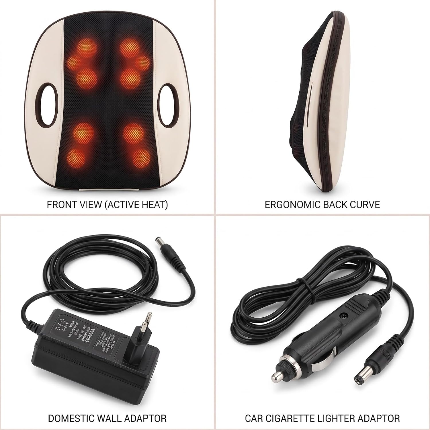 Hakura Back Massager heat nodes, ergonomic curve and adapters